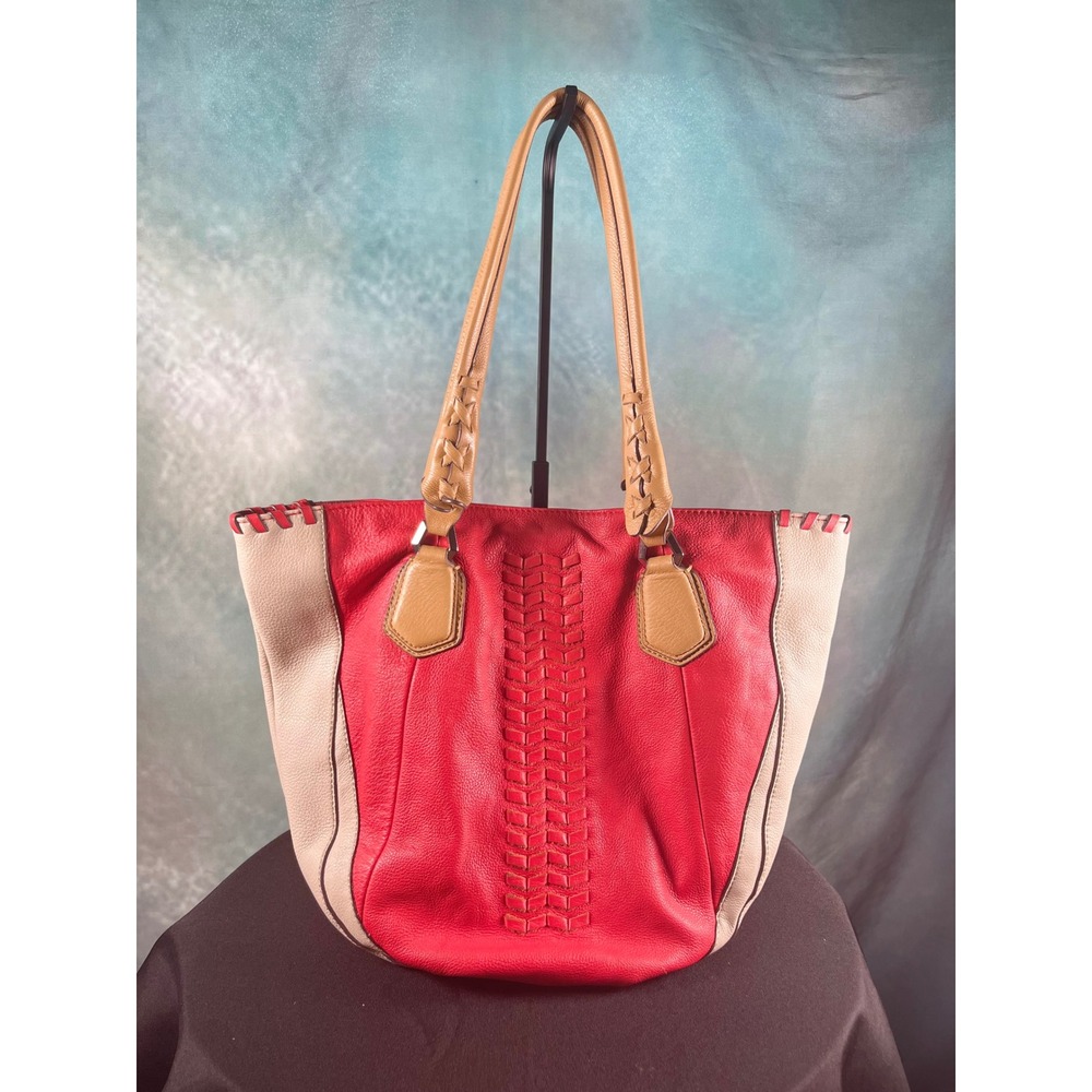 Oryany Lysse Red Beige Leather Tote Bag Braided Handles Woven Large Shoulder Bag